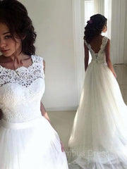 Wedding Dress Strapless, A-Line/Princess Bateau Sweep Train Tulle Wedding Dresses With Belt/Sash