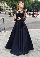 Party Dress Trends, A-Line/Princess Full/Long Sleeve Bateau Long/Floor-Length Satin Prom Dress With Appliqued