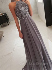 Cute Summer Dress, A-Line/Princess Halter Floor-Length Chiffon Prom Dresses With Beading