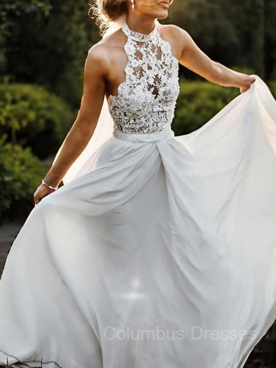 Wedding Dresses Under106, A-Line/Princess Halter Floor-Length Chiffon Wedding Dresses With Lace