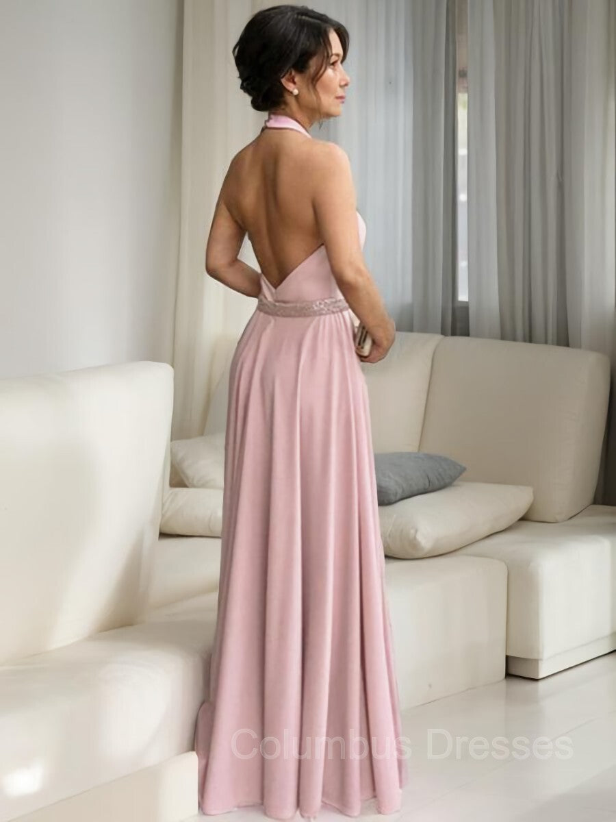 Formal Dresses With Sleeve, A-Line/Princess Halter Floor-Length Stretch Crepe Mother of the Bride Dresses With Ruffles