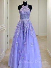 Country Wedding, A-Line/Princess Halter Floor-Length Tulle Evening Dresses With Appliques Lace