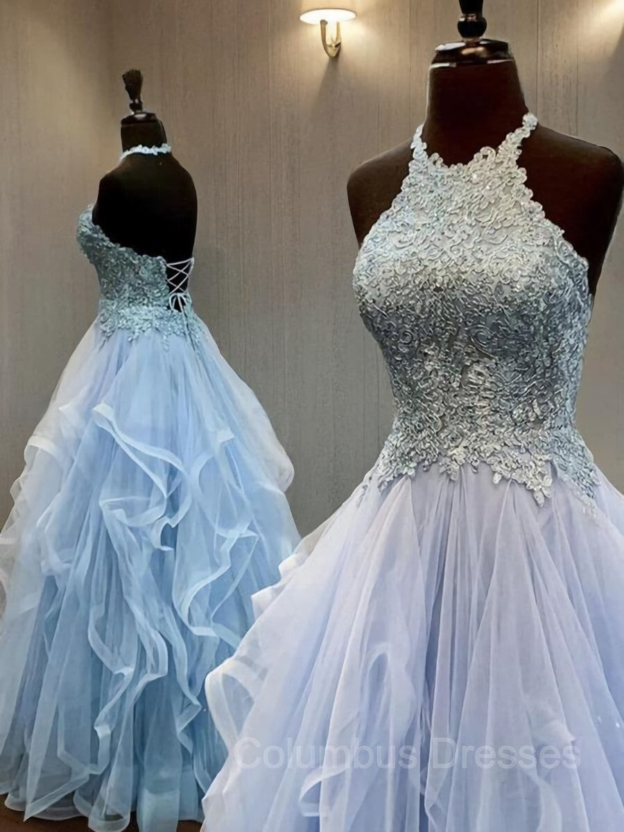Bridesmaid Dress Vintage, A-Line/Princess Halter Floor-Length Tulle Prom Dresses With Appliques Lace
