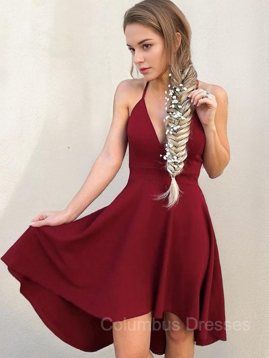 Prom Dress Curvy, A-Line/Princess Halter Knee-Length Stretch Crepe Homecoming Dresses With Ruffles