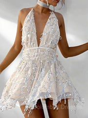 Formal Dresses Over 58, A-Line/Princess Halter Short/Mini Lace Homecoming Dresses With Beading