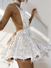 Formal Dresses For Winter Wedding, A-Line/Princess Halter Short/Mini Lace Homecoming Dresses With Beading