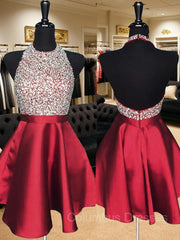 Bridesmaid Nail, A-Line/Princess Halter Short/Mini Satin Homecoming Dresses With Beading