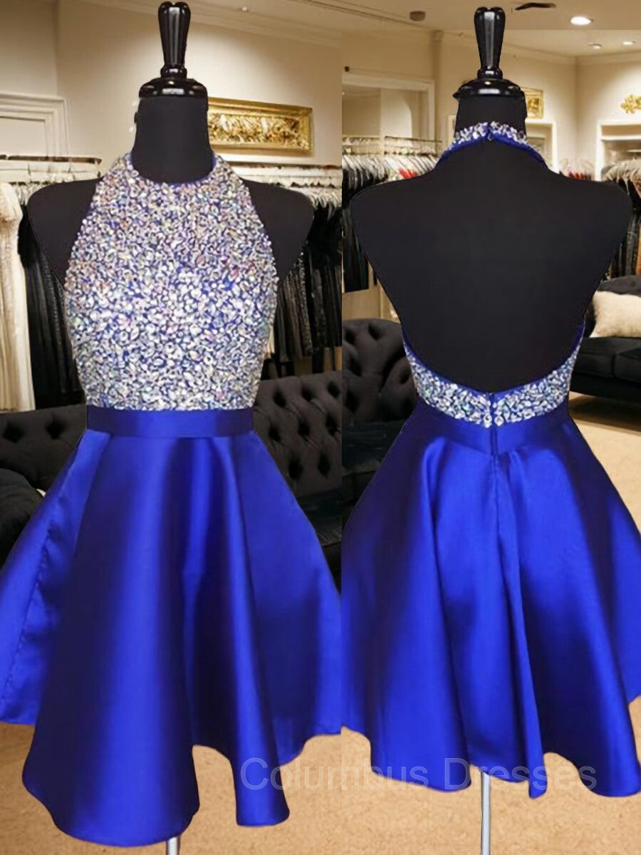 Short Prom Dress, A-Line/Princess Halter Short/Mini Satin Homecoming Dresses With Beading