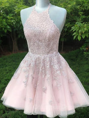 Formal Dress Shops, A-Line/Princess Halter Short/Mini Tulle Homecoming Dresses With Appliques Lace