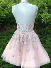 Formal Dresses Shop, A-Line/Princess Halter Short/Mini Tulle Homecoming Dresses With Appliques Lace