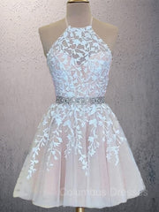Prom Dress Patterns, A-Line/Princess Halter Short/Mini Tulle Homecoming Dresses With Appliques Lace