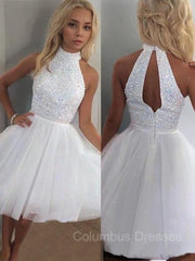 Prom Dress Off Shoulder, A-Line/Princess Halter Short/Mini Tulle Homecoming Dresses With Beading