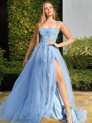 Bridesmaid Dresses Mismatched Colors, A-Line/Princess Halter Sweep Train Tulle Prom Dresses With Leg Slit