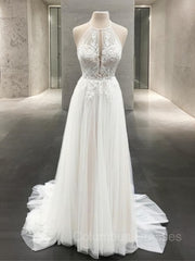 Wedding Dresses No Sleeves, A-Line/Princess Halter Sweep Train Tulle Wedding Dresses With Appliques Lace