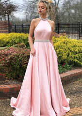 Homecoming Dresses Bodycon, A-line/Princess High-Neck Sleeveless Sweep Train Satin Prom Dress With Waistband Beading