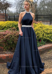 Homecomeing Dresses Black, A-line/Princess High-Neck Sleeveless Sweep Train Satin Prom Dress With Waistband Beading
