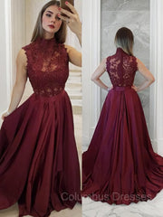 Prom Dress Types, A-Line/Princess High Neck Sweep Train Satin Prom Dresses With Appliques Lace