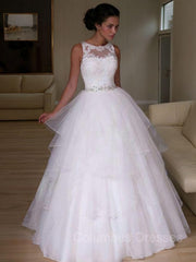 Wedding Dress Sleeve Lace, A-Line/Princess Jewel Floor-Length Organza Wedding Dresses With Beading