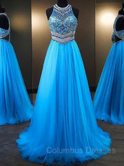 Party Dress 2041, A-Line/Princess Jewel Sweep Train Tulle Evening Dresses With Beading