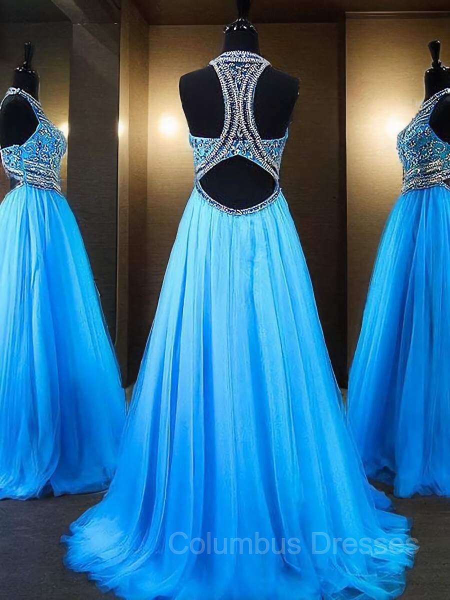 Party Dresses 2039, A-Line/Princess Jewel Sweep Train Tulle Evening Dresses With Beading