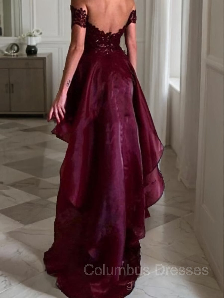 Party Dress Website, A-Line/Princess Off-the-Shoulder Asymmetrical Organza Evening Dresses With Appliques Lace