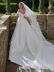 Wedding Dress Spring, A-Line/Princess Off-the-Shoulder Cathedral Train Satin Wedding Dresses