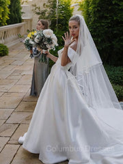 Wedding Dress Outlets, A-Line/Princess Off-the-Shoulder Cathedral Train Satin Wedding Dresses