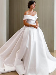 Wedding Dress Order Online, A-Line/Princess Off-the-Shoulder Chapel Train Satin Wedding Dresses
