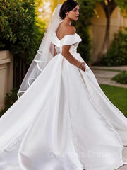 Wedding Dresses Lace Beach, A-Line/Princess Off-the-Shoulder Chapel Train Satin Wedding Dresses