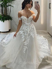 Wedding Dresses Rustic, A-line/Princess Off-the-Shoulder Chapel Train Tulle Wedding Dress with Appliques Lace
