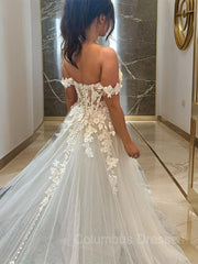 Wedding Dress Boutiques, A-line/Princess Off-the-Shoulder Chapel Train Tulle Wedding Dress with Appliques Lace