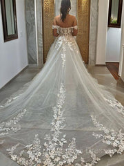 Wedding Dresses On A Budget, A-line/Princess Off-the-Shoulder Chapel Train Tulle Wedding Dress with Appliques Lace