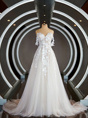Wedding Dresses Short Bride, A-Line/Princess Off-the-Shoulder Chapel Train Tulle Wedding Dresses with Appliques Lace