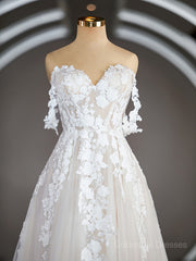Wedding Dress Short Bride, A-Line/Princess Off-the-Shoulder Chapel Train Tulle Wedding Dresses with Appliques Lace