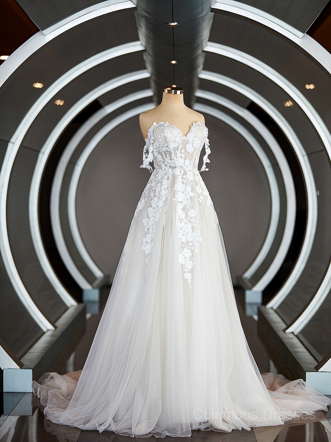 Wedding Dresses Under 10007, A-Line/Princess Off-the-Shoulder Chapel Train Tulle Wedding Dresses with Appliques Lace