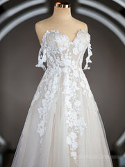 Wedding Dress For Large Bust, A-Line/Princess Off-the-Shoulder Chapel Train Tulle Wedding Dresses with Appliques Lace