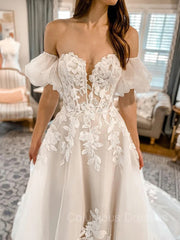 Wedding Dresses For Over 57S, A-Line/Princess Off-the-Shoulder Chapel Train Tulle Wedding Dresses With Appliques Lace