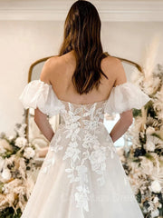 Wedding Dresses Off The Shoulder, A-Line/Princess Off-the-Shoulder Chapel Train Tulle Wedding Dresses With Appliques Lace