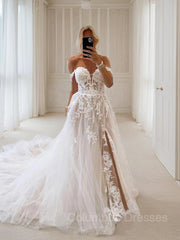 Wedding Dress Inspired, A-Line/Princess Off-the-Shoulder Chapel Train Tulle Wedding Dresses With Leg Slit