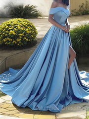 Navy Blue Dress, A-Line/Princess Off-the-Shoulder Court Train Satin Evening Dresses With Leg Slit
