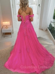 Evening Dresses Elegant Classy, A-Line/Princess Off-the-Shoulder Court Train Tulle Prom Dresses With Leg Slit