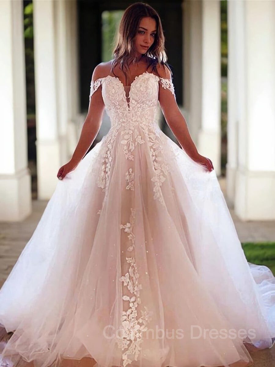 Wedding Dresses Unique, A-Line/Princess Off-the-Shoulder Court Train Tulle Wedding Dresses