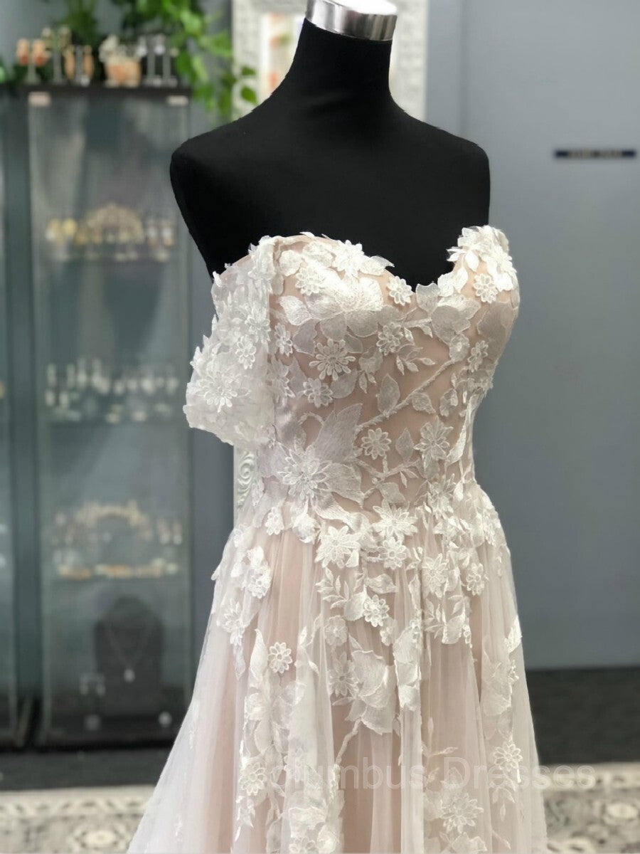Wedding Dress Lace, A-Line/Princess Off-the-Shoulder Court Train Tulle Wedding Dresses With Appliques Lace