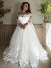 Wedding Dress Customization, A-Line/Princess Off-the-Shoulder Court Train Tulle Wedding Dresses With Belt/Sash