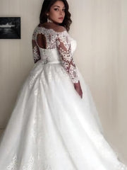 Wedding Dresses Modern, A-Line/Princess Off-the-Shoulder Court Train Tulle Wedding Dresses With Belt/Sash