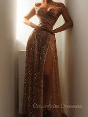 Bridesmaid Dress Gold, A-Line/Princess Off-the-Shoulder Floor-Length Sequins Prom Dresses With Leg Slit