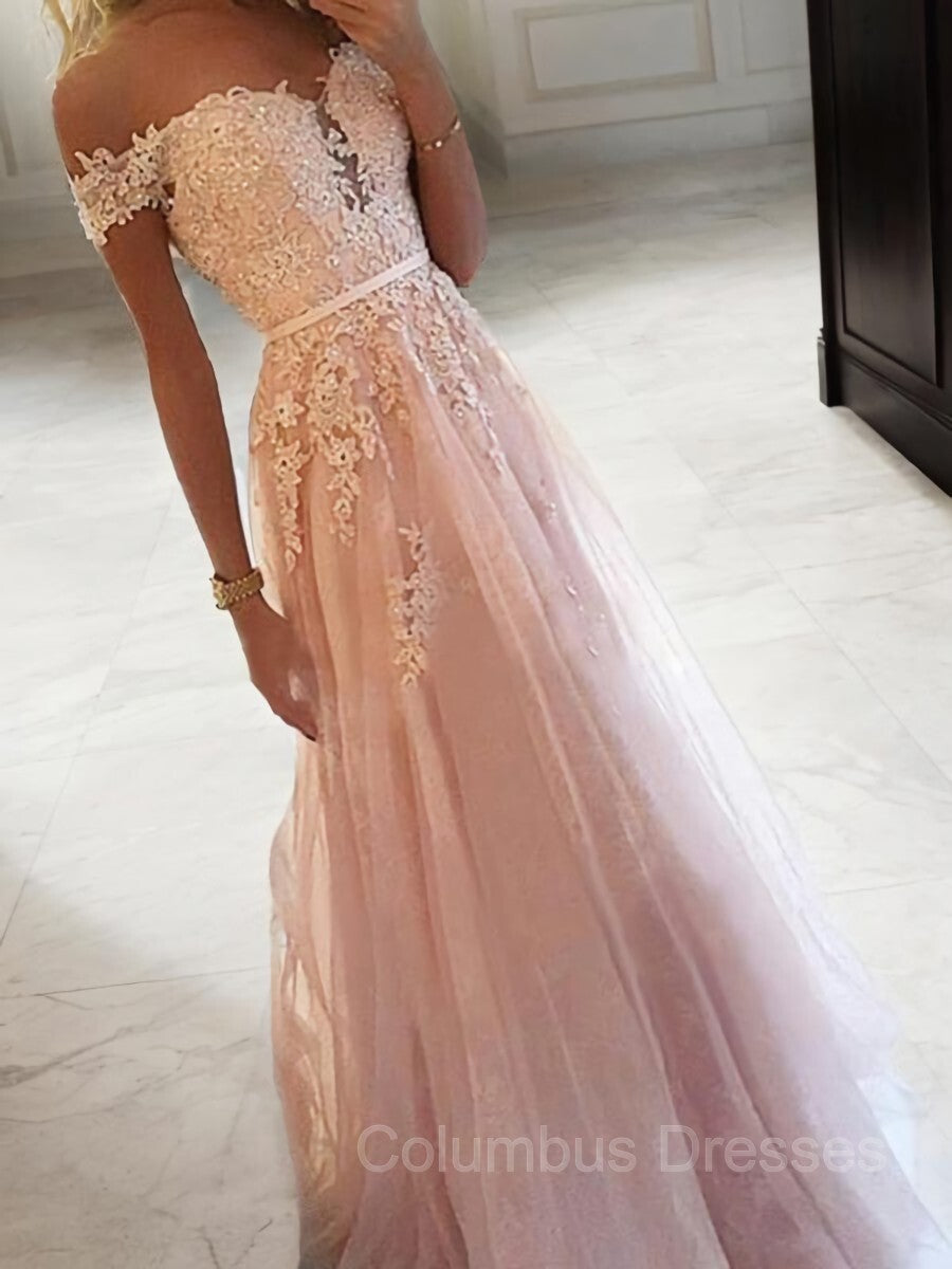 Bridesmaids Dress Chiffon, A-Line/Princess Off-the-Shoulder Floor-Length Tulle Prom Dresses With Appliques Lace