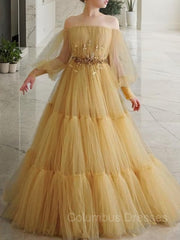 Evening Dresses Gold, A-Line/Princess Off-the-Shoulder Floor-Length Tulle Prom Dresses With Beading