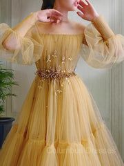 Evening Dresses 18, A-Line/Princess Off-the-Shoulder Floor-Length Tulle Prom Dresses With Beading