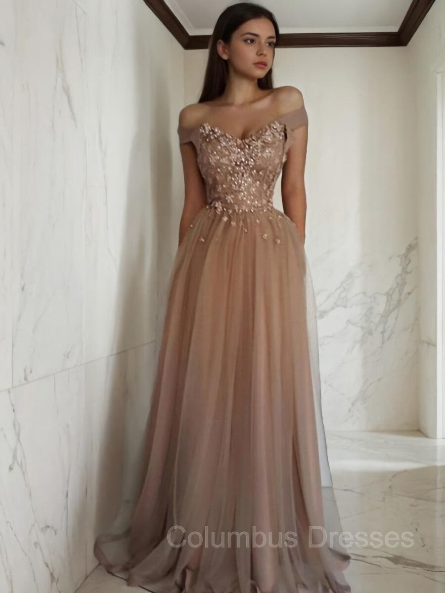 Prom Dress Princess, A-Line/Princess Off-the-Shoulder Floor-Length Tulle Prom Dresses With Flower